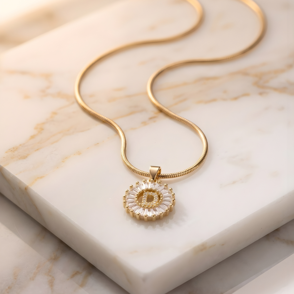 Initial Round Zirconia Hollow Letters Necklace - 18k Gold Plated