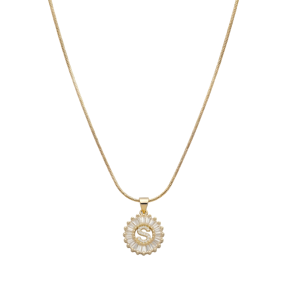 Initial Round Zirconia Hollow Letters Necklace - 18k Gold Plated