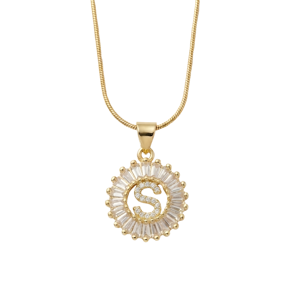 Initial Round Zirconia Hollow Letters Necklace - 18k Gold Plated