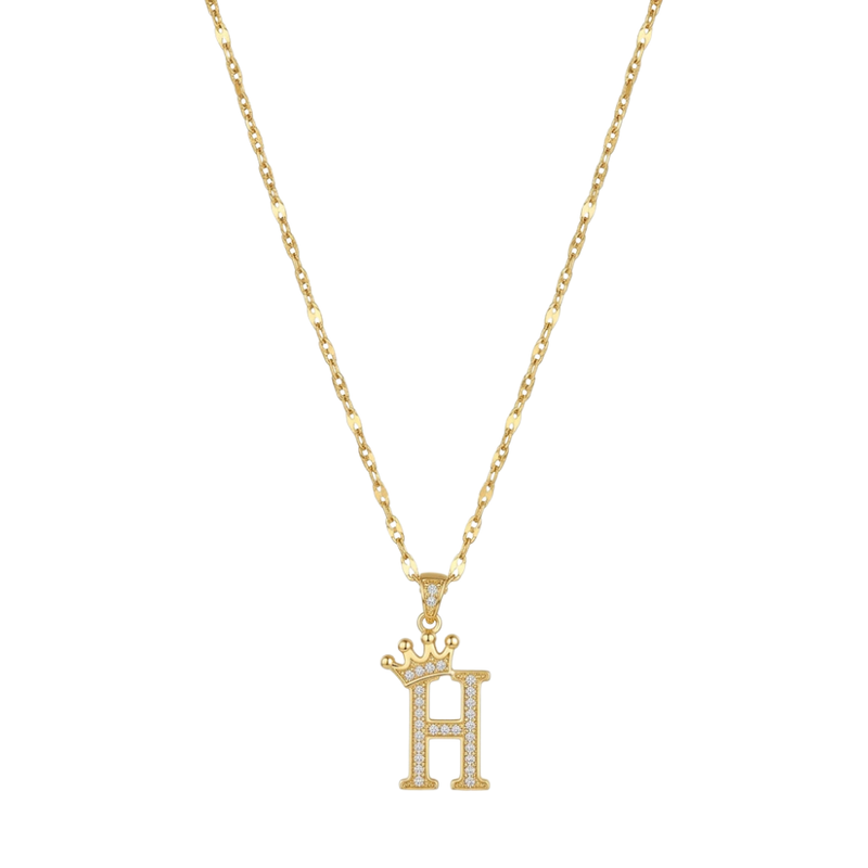 Initial Crown Detail Zirconia Letter Pendant Necklace - 18k Gold Plated H