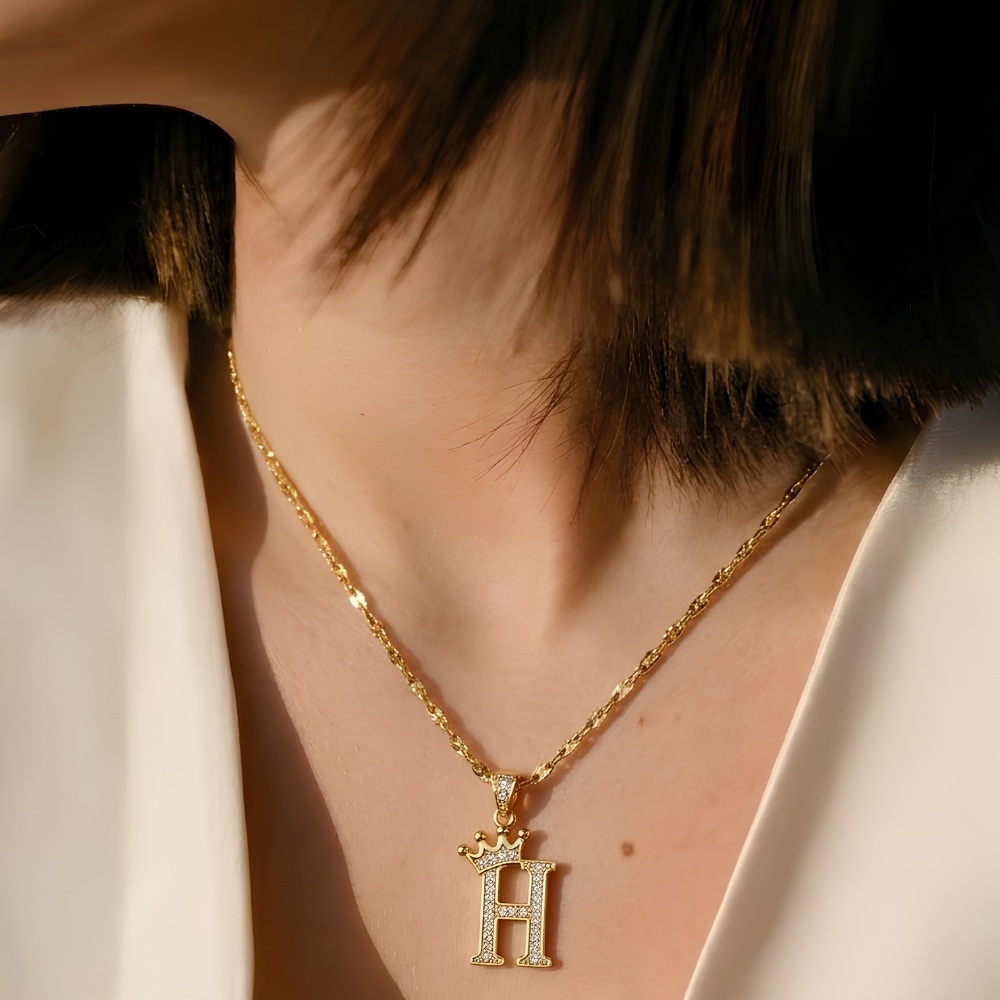 Initial Crown Detail Zirconia Letter Pendant Necklace - 18k Gold Plated