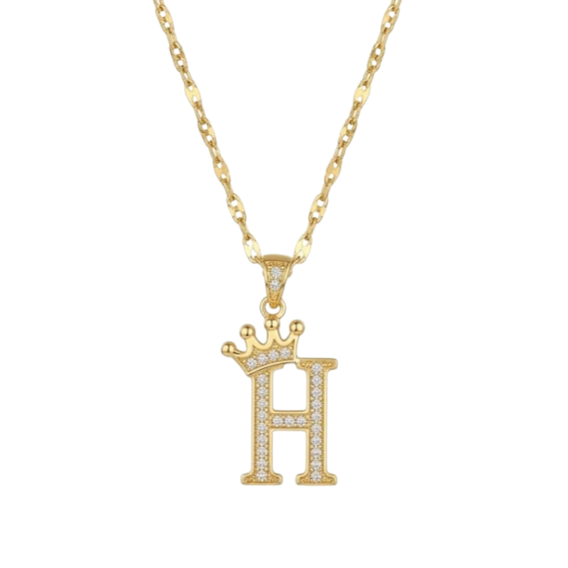 Initial Crown Detail Zirconia Letter Pendant Necklace - 18k Gold Plated