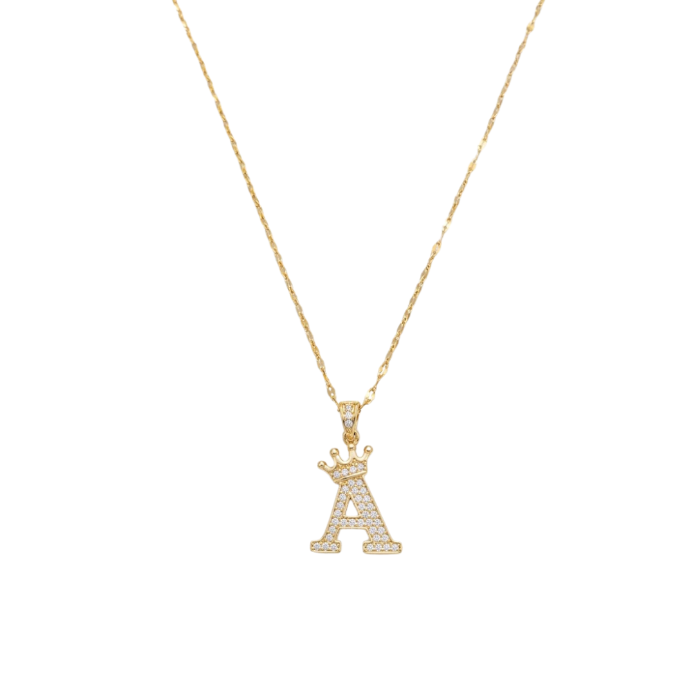 Initial Crown Detail Zirconia Letter Pendant Necklace - 18k Gold Plated
