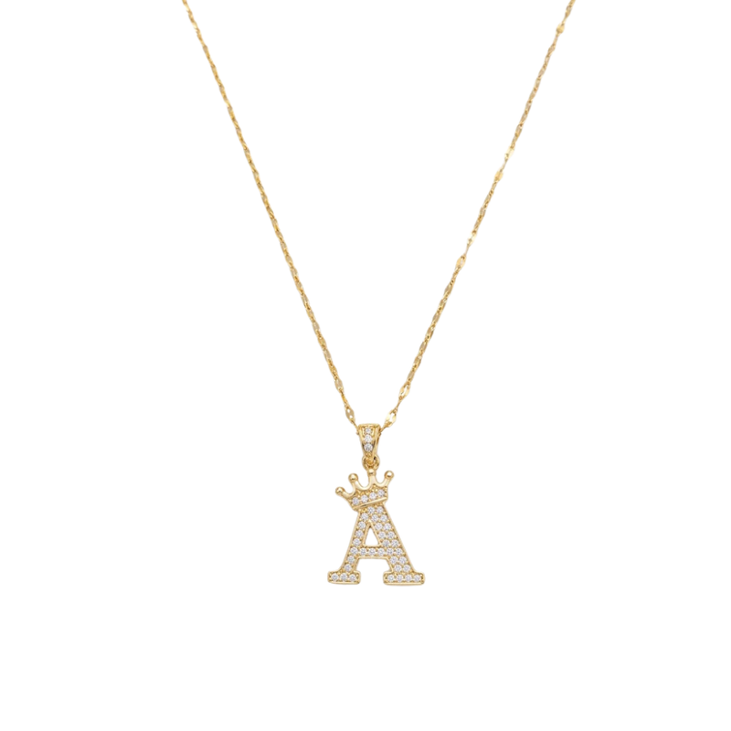 Initial Crown Detail Zirconia Letter Pendant Necklace - 18k Gold Plated A