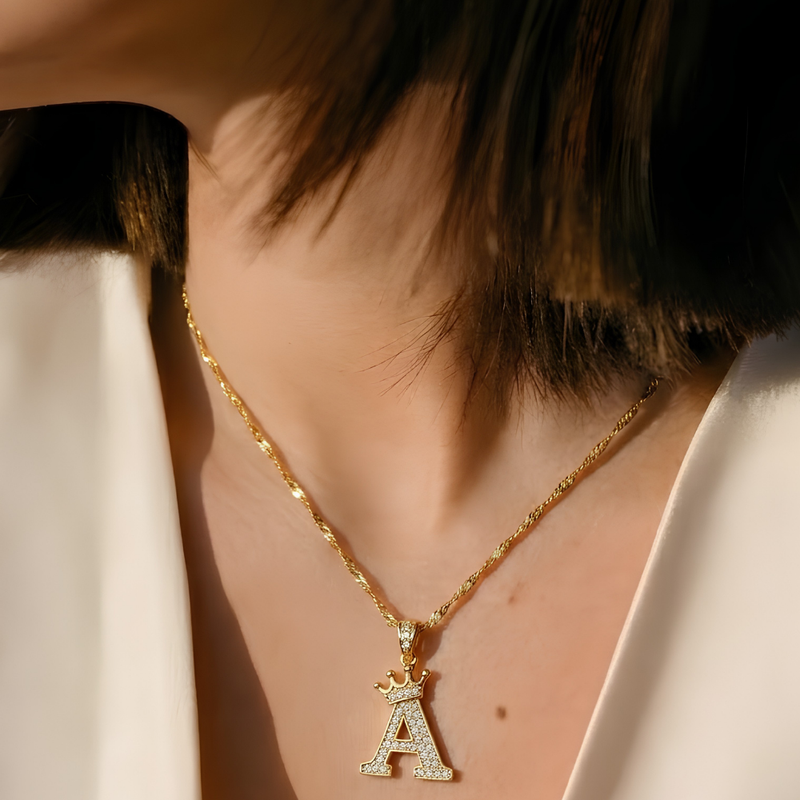Initial Crown Detail Zirconia Letter Pendant Necklace - 18k Gold Plated