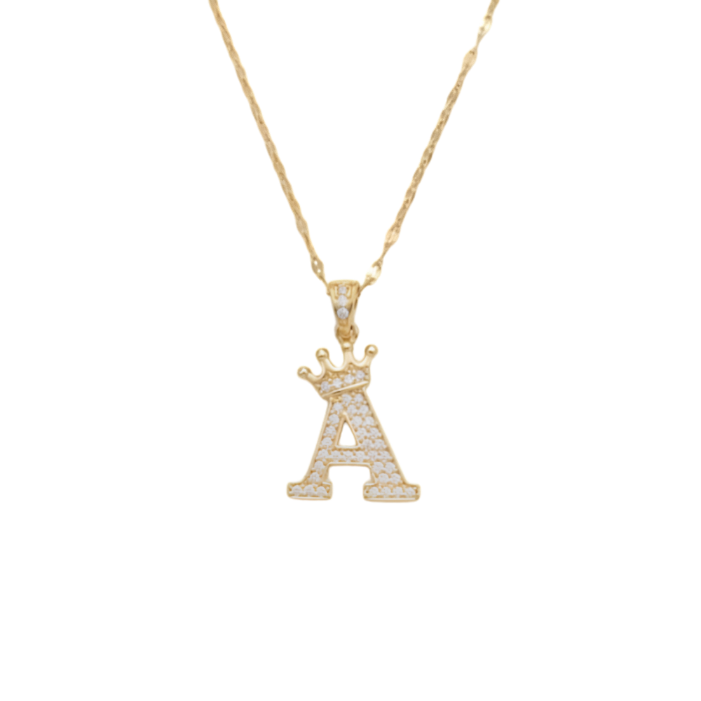 Initial Crown Detail Zirconia Letter Pendant Necklace - 18k Gold Plated
