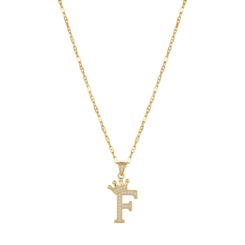 Initial Crown Detail Zirconia Letter Pendant Necklace - 18k Gold Plated