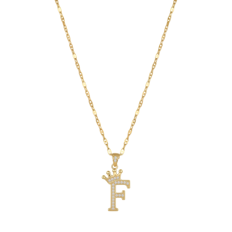 Initial Crown Detail Zirconia Letter Pendant Necklace - 18k Gold Plated F