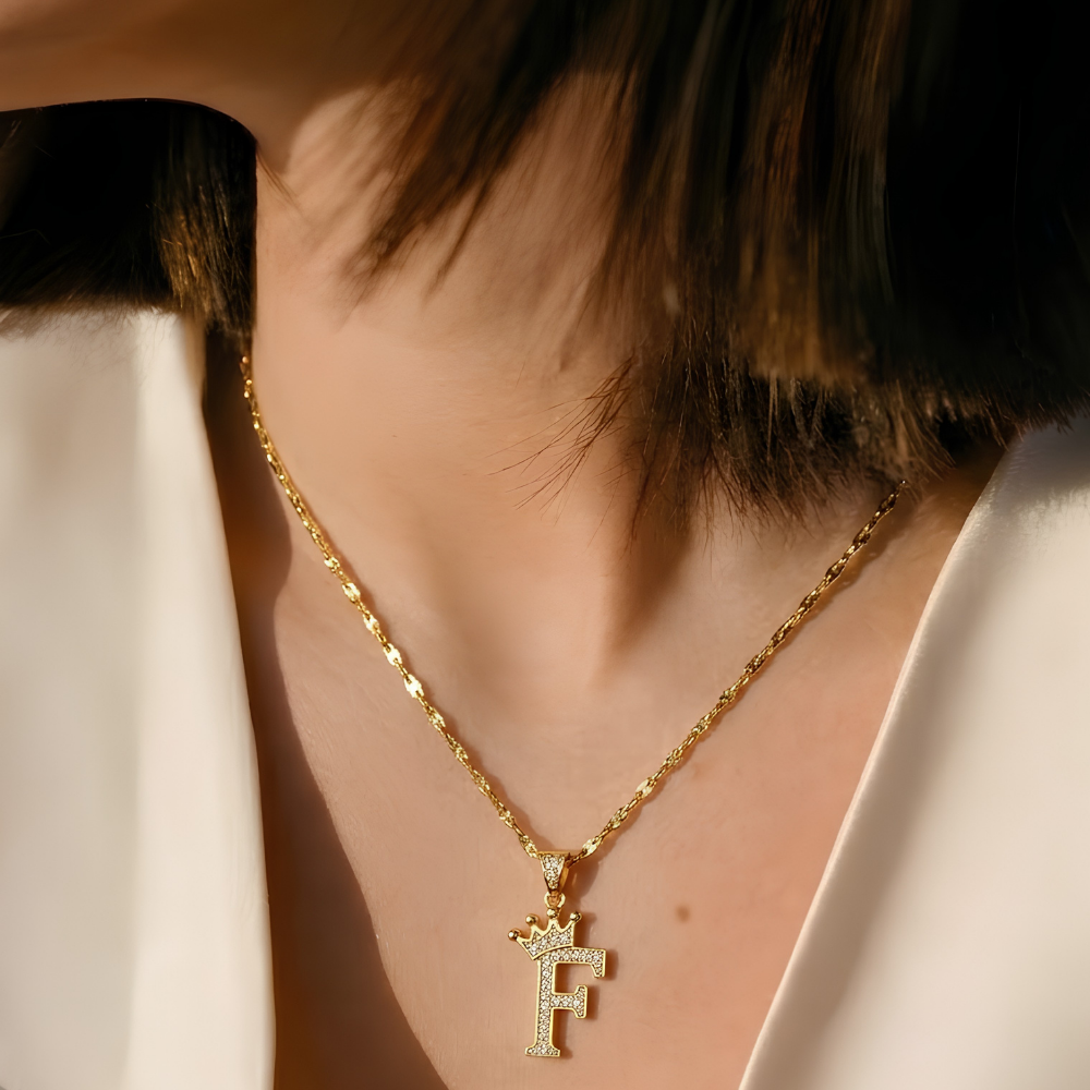 Initial Crown Detail Zirconia Letter Pendant Necklace - 18k Gold Plated