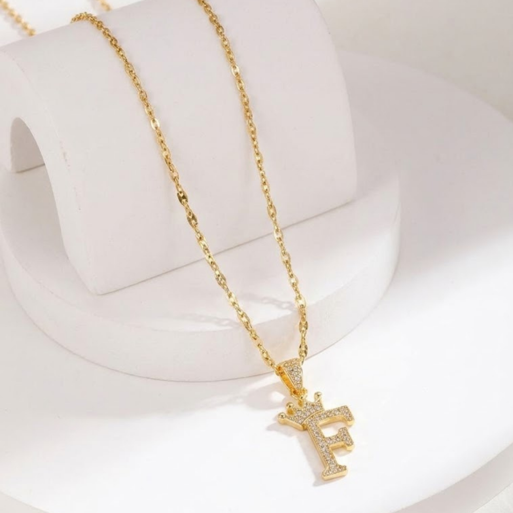 Initial Crown Detail Zirconia Letter Pendant Necklace - 18k Gold Plated