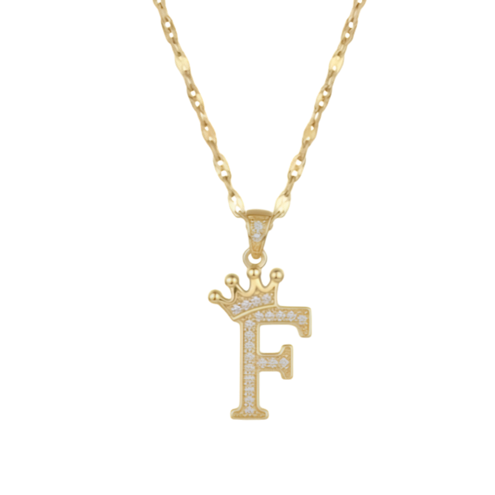 Initial Crown Detail Zirconia Letter Pendant Necklace - 18k Gold Plated