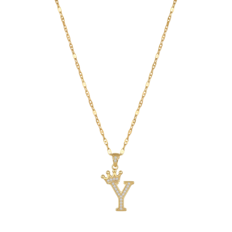 Initial Crown Detail Zirconia Letter Pendant Necklace - 18k Gold Plated Y