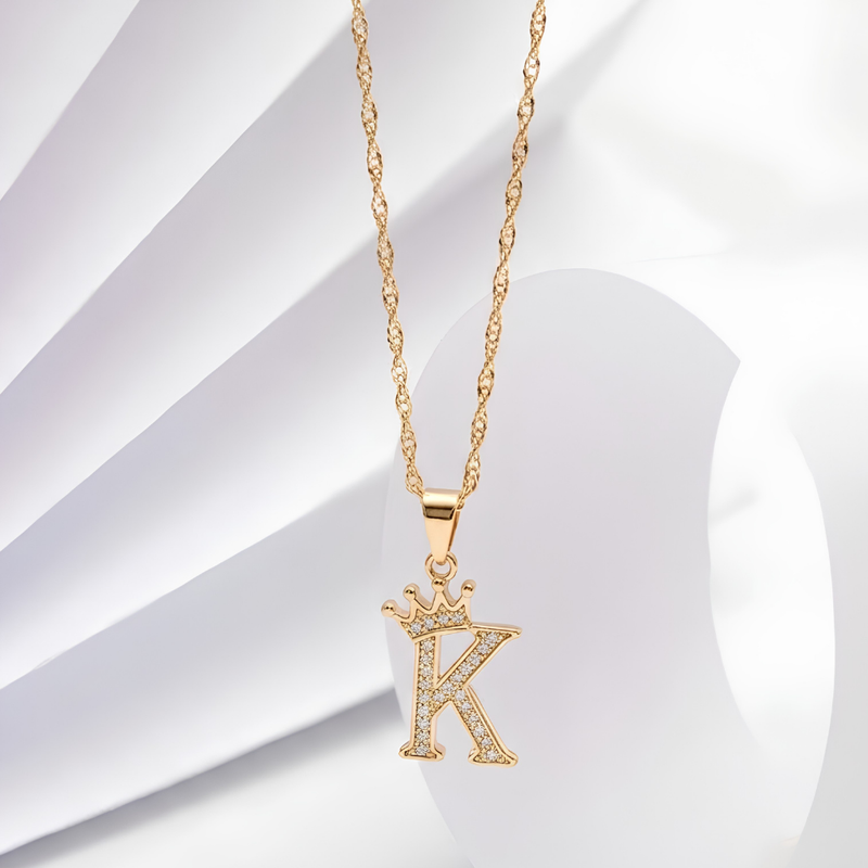 Initial Crown Detail Zirconia Letter Pendant Necklace - 18k Gold Plated