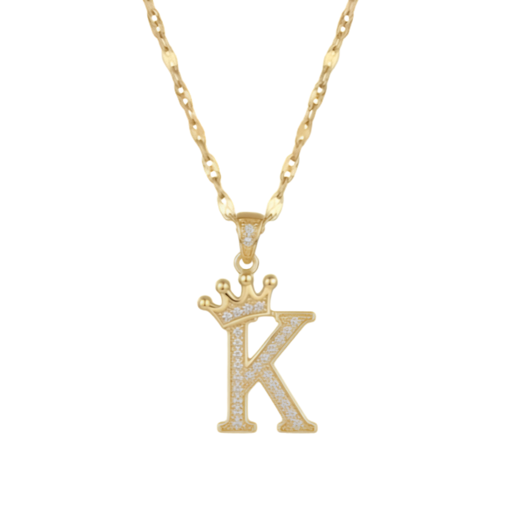 Initial Crown Detail Zirconia Letter Pendant Necklace - 18k Gold Plated