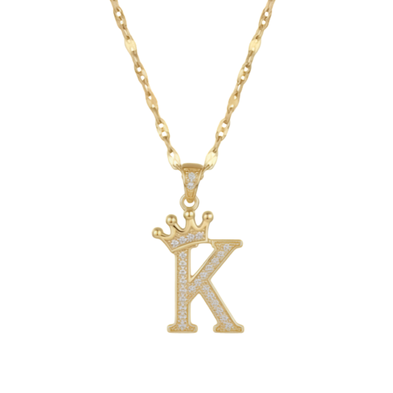 Initial Crown Detail Zirconia Letter Pendant Necklace - 18k Gold Plated K