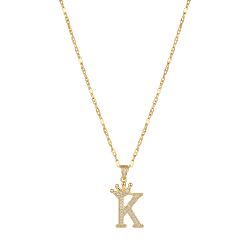 Initial Crown Detail Zirconia Letter Pendant Necklace - 18k Gold Plated
