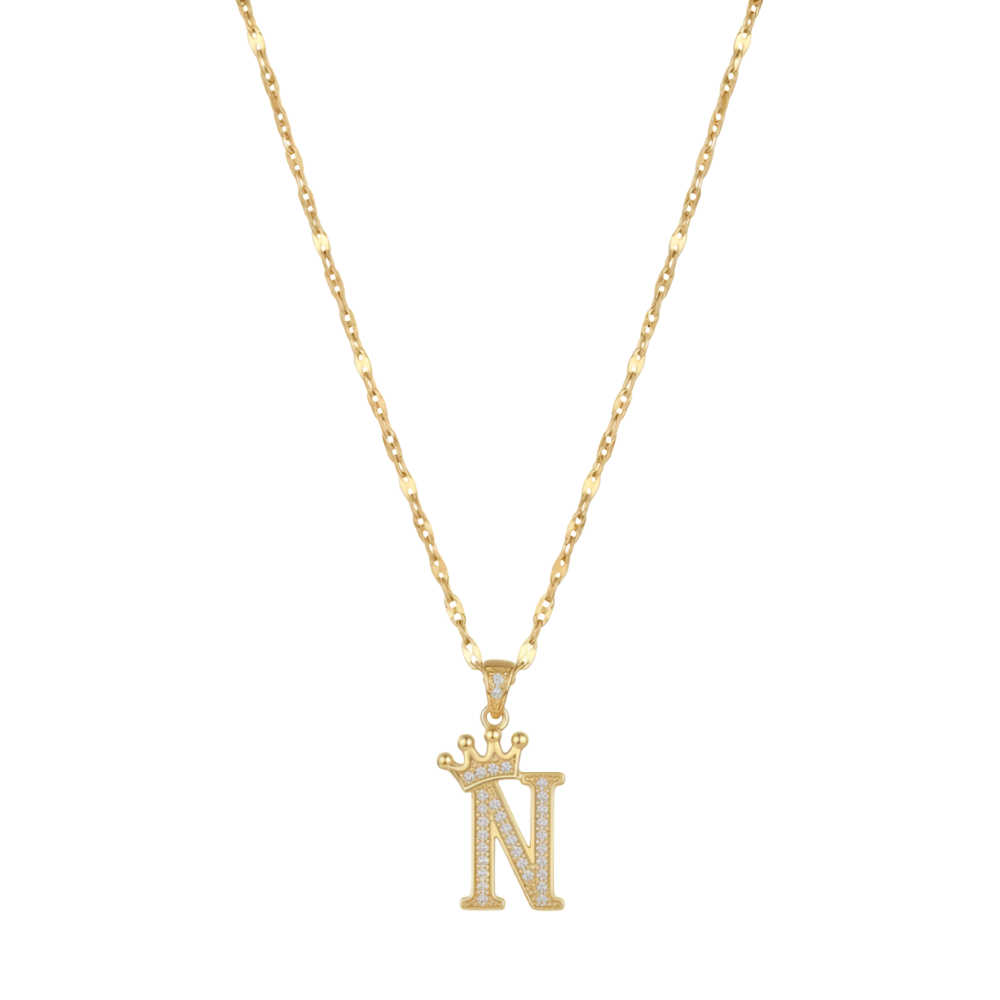 Initial Crown Detail Zirconia Letter Pendant Necklace - 18k Gold Plated