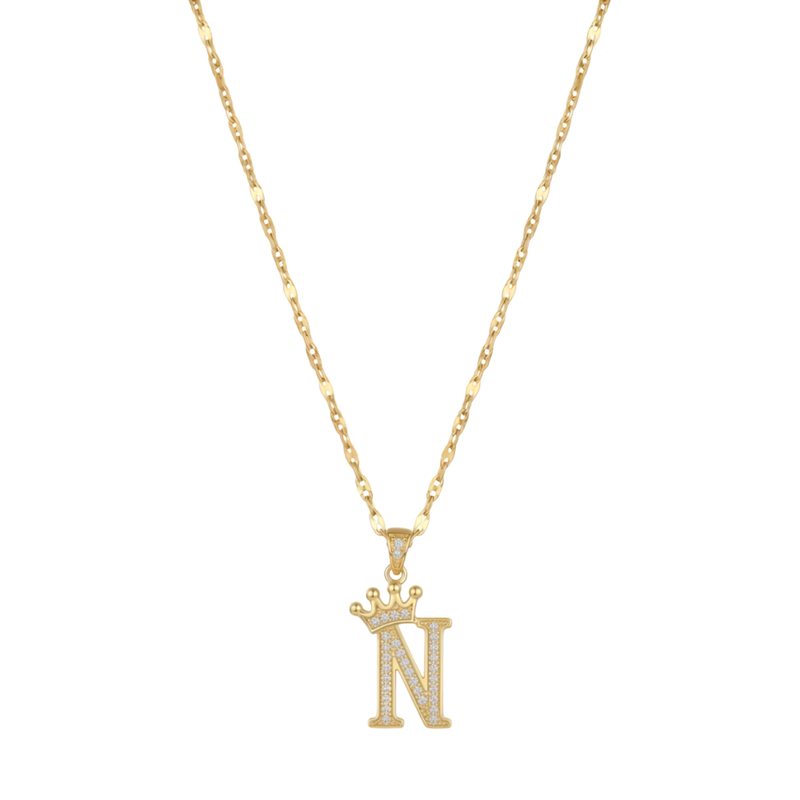 Initial Crown Detail Zirconia Letter Pendant Necklace - 18k Gold Plated N