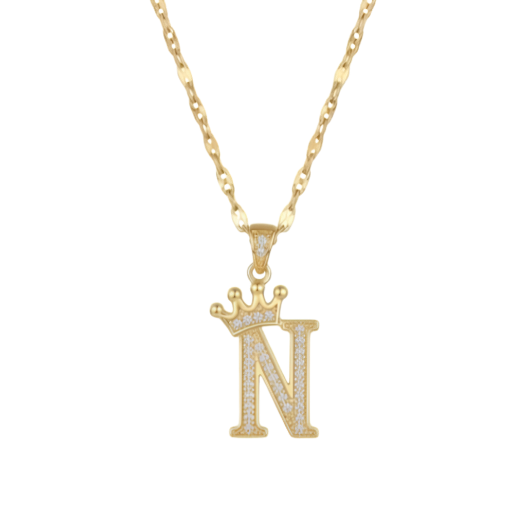 Initial Crown Detail Zirconia Letter Pendant Necklace - 18k Gold Plated