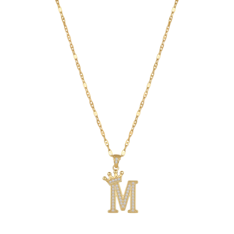 Initial Crown Detail Zirconia Letter Pendant Necklace - 18k Gold Plated M
