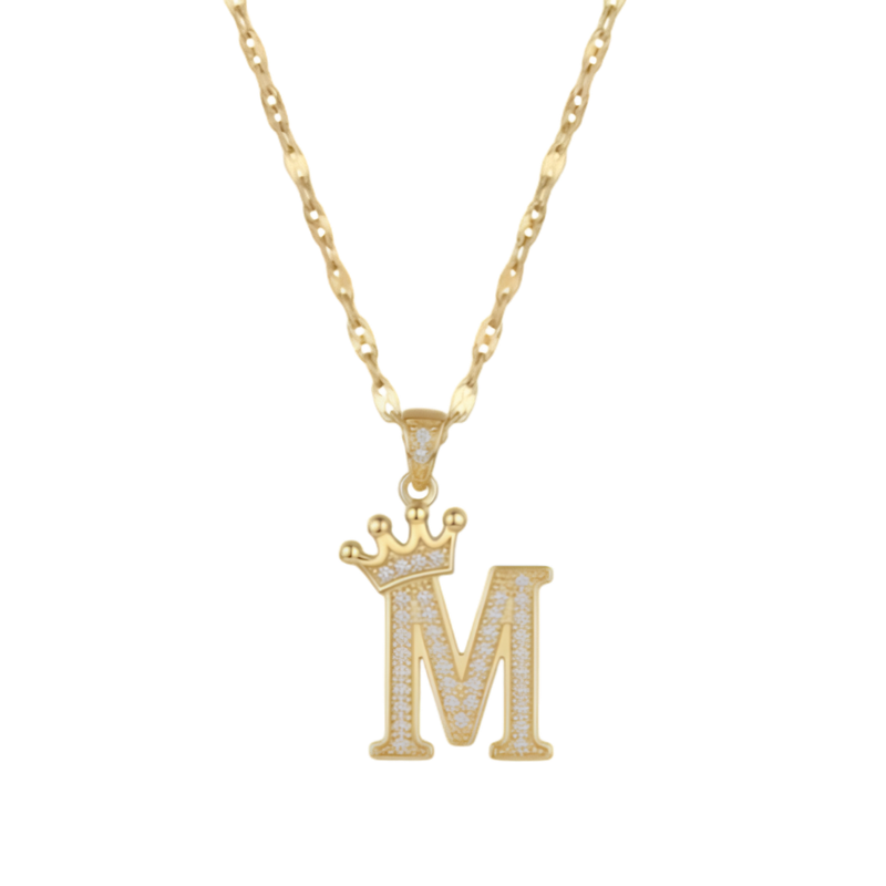 Initial Crown Detail Zirconia Letter Pendant Necklace - 18k Gold Plated