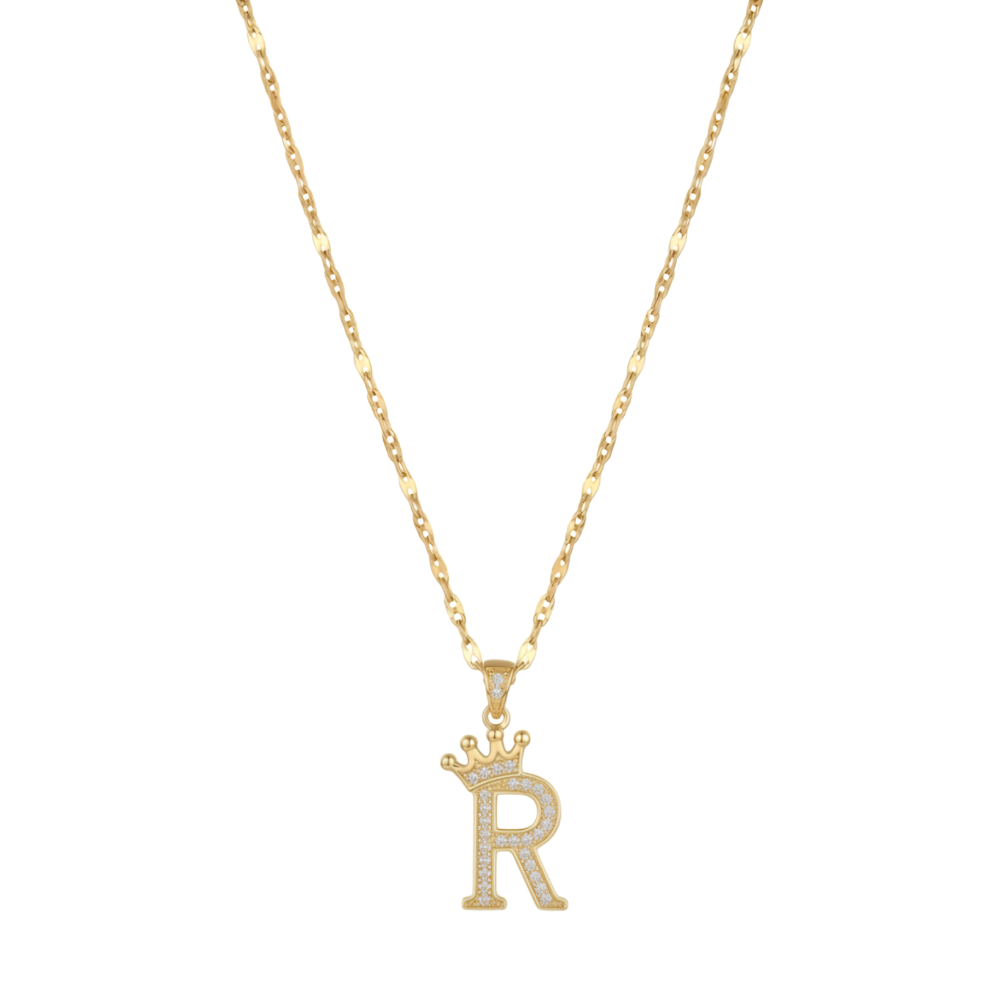 Initial Crown Detail Zirconia Letter Pendant Necklace - 18k Gold Plated