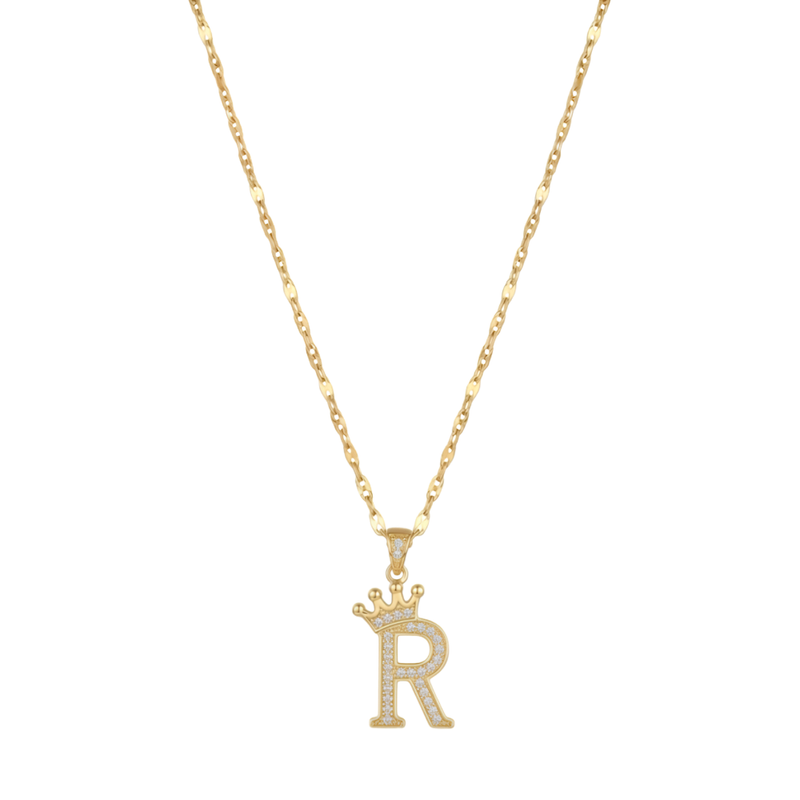Initial Crown Detail Zirconia Letter Pendant Necklace - 18k Gold Plated R