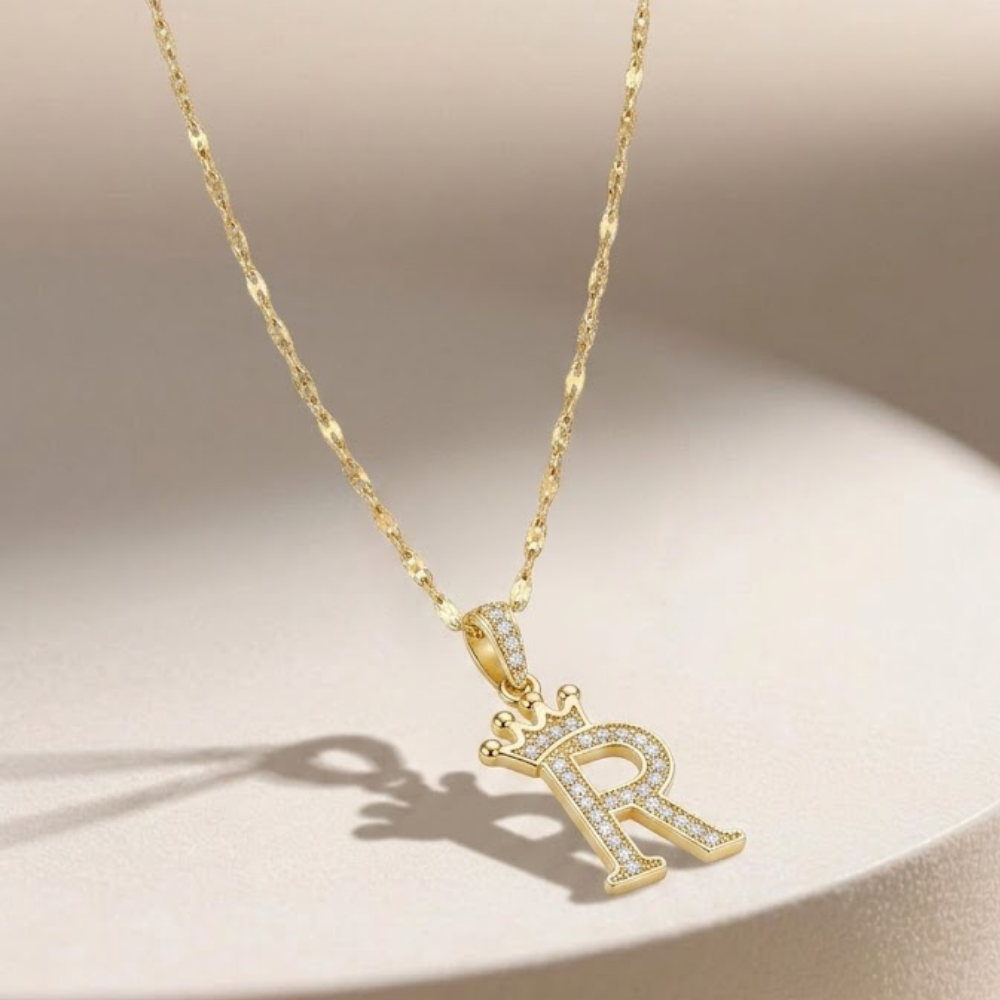 Initial Crown Detail Zirconia Letter Pendant Necklace - 18k Gold Plated