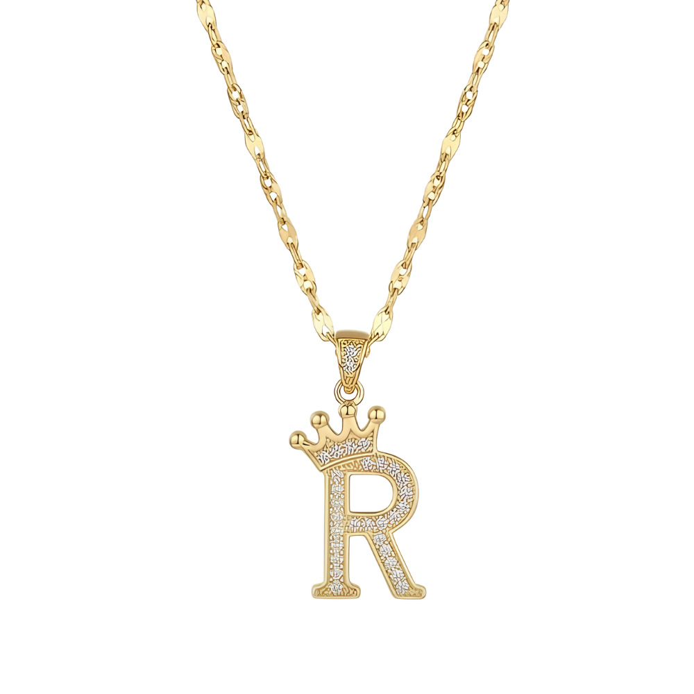 Initial Crown Detail Zirconia Letter Pendant Necklace - 18k Gold Plated