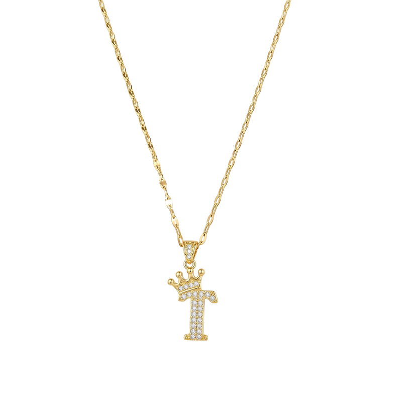 Initial Crown Detail Zirconia Letter Pendant Necklace - 18k Gold Plated T