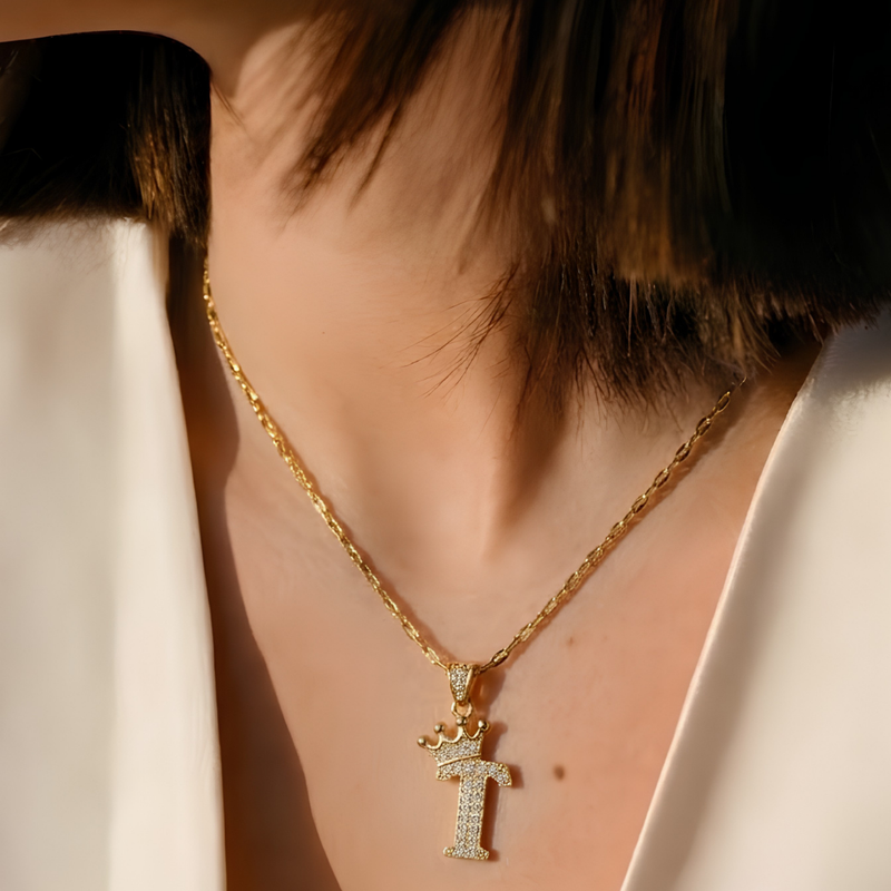 Initial Crown Detail Zirconia Letter Pendant Necklace - 18k Gold Plated