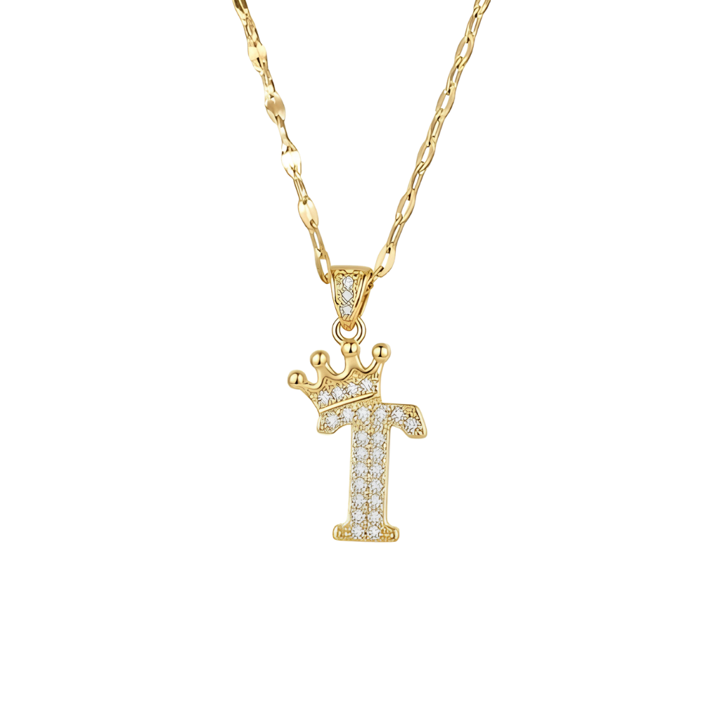 Initial Crown Detail Zirconia Letter Pendant Necklace - 18k Gold Plated