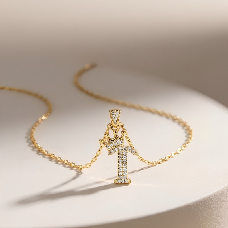 Initial Crown Detail Zirconia Letter Pendant Necklace - 18k Gold Plated